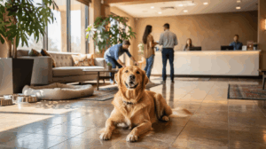 Owner checking in with dog at dog-friendly Oklahoma hotel