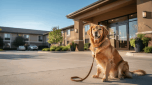 Golden retriever arriving at dog-friendly hotel in Oklahoma
