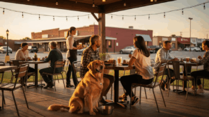 Owner dining with a dog at a dog-friendly Oklahoma restaurant